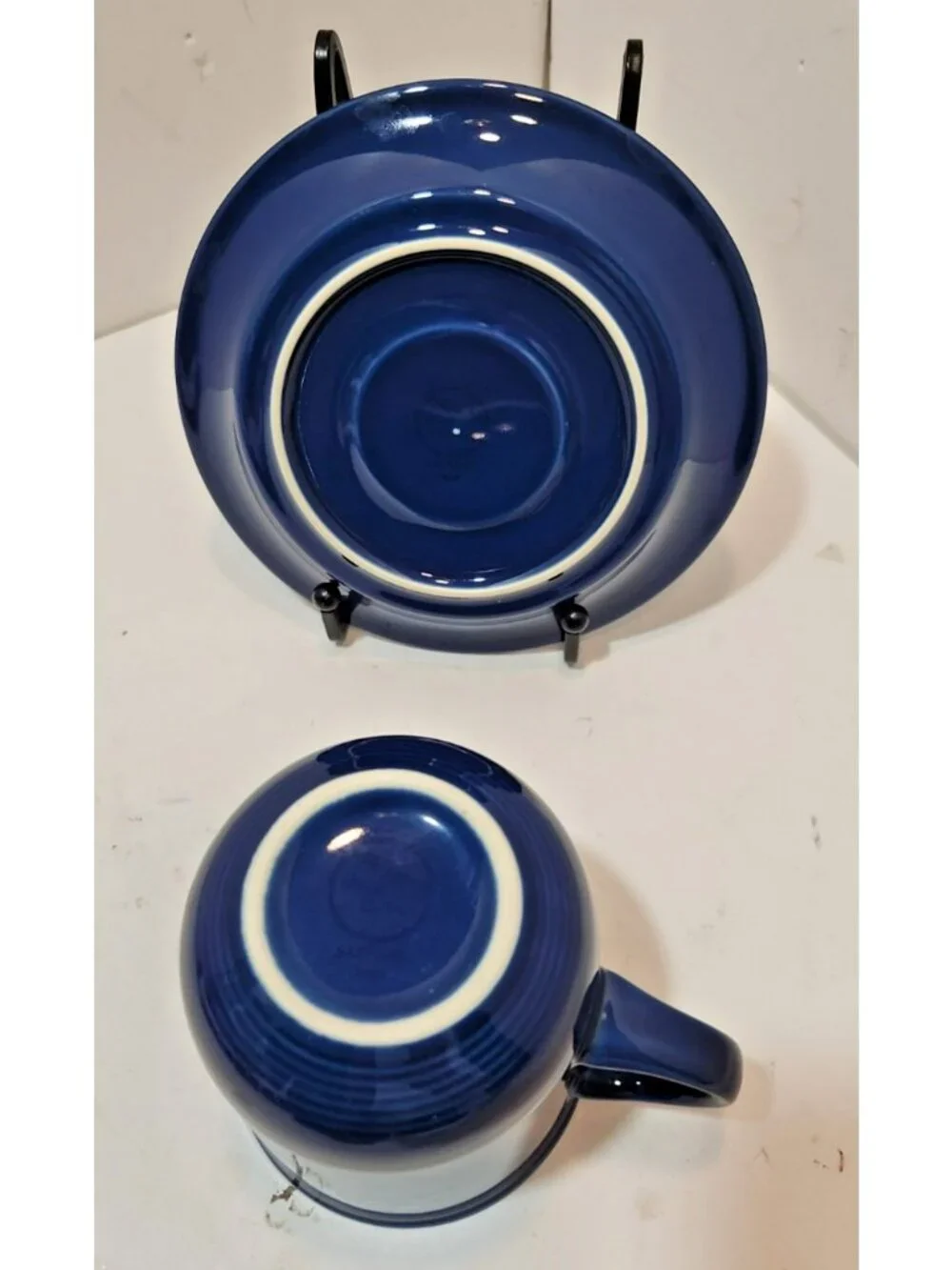 Vtg Set 3 Nancy Calhoun Stoneware Sapphire Blue Cups & Saucers